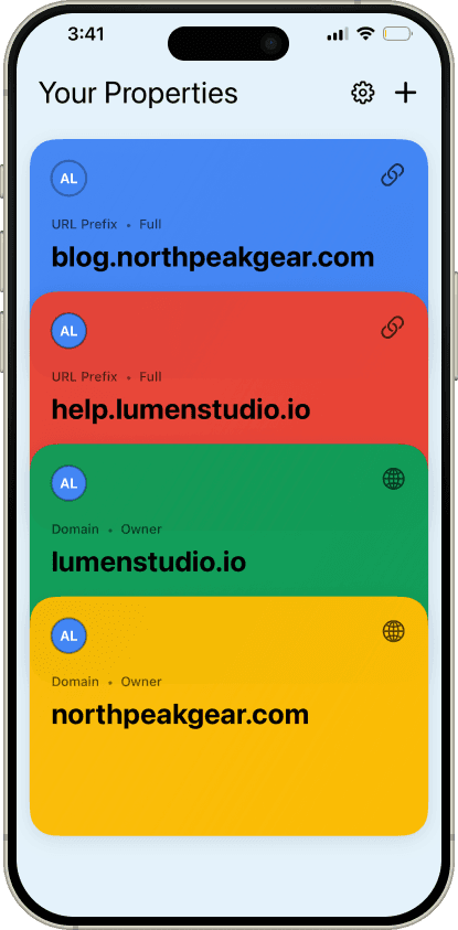 Verified property list in the Search Console app